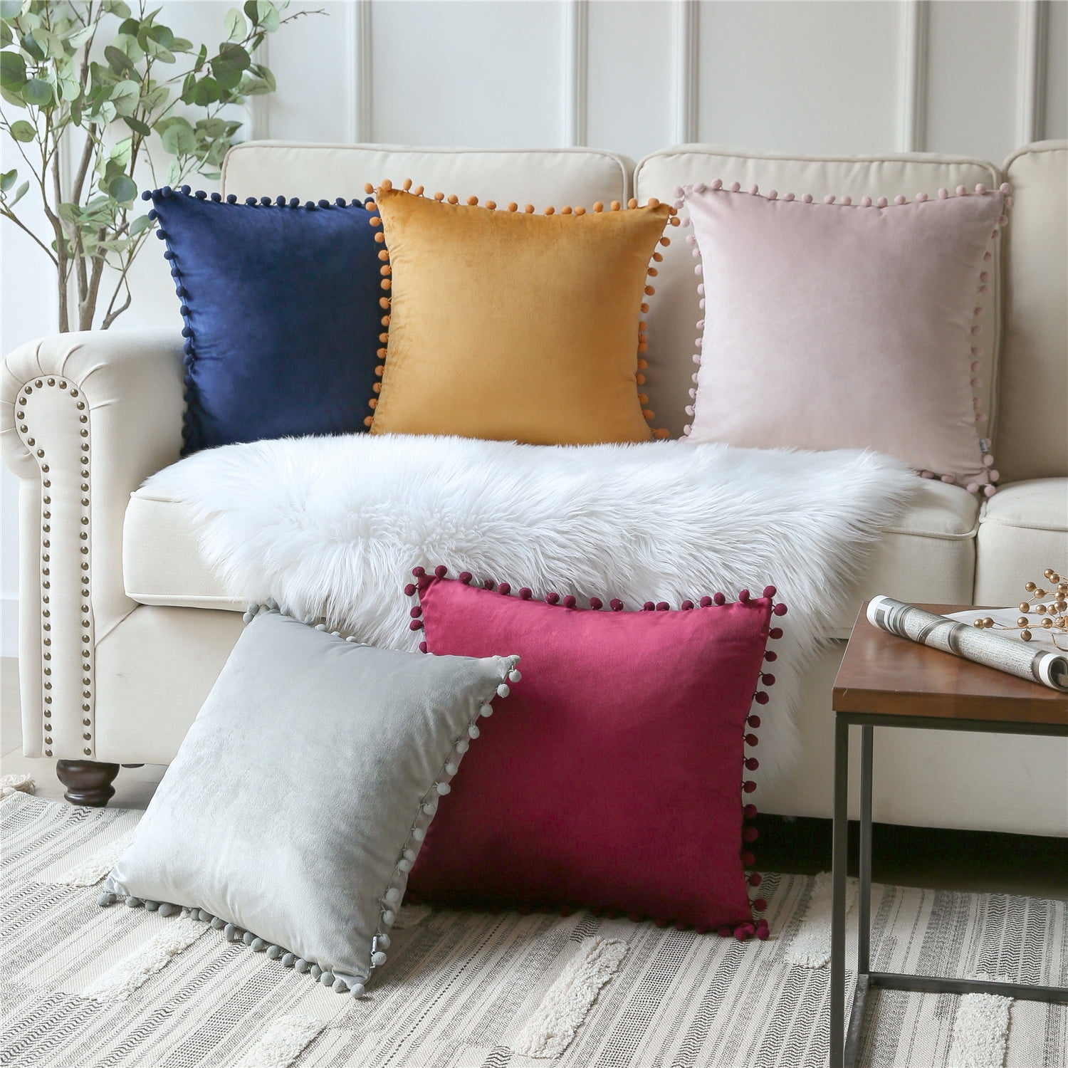 Phantoscope Pom Pom Velvet Series Decorative Throw Pillow, 18" x 18", Yellow, 2 Pack