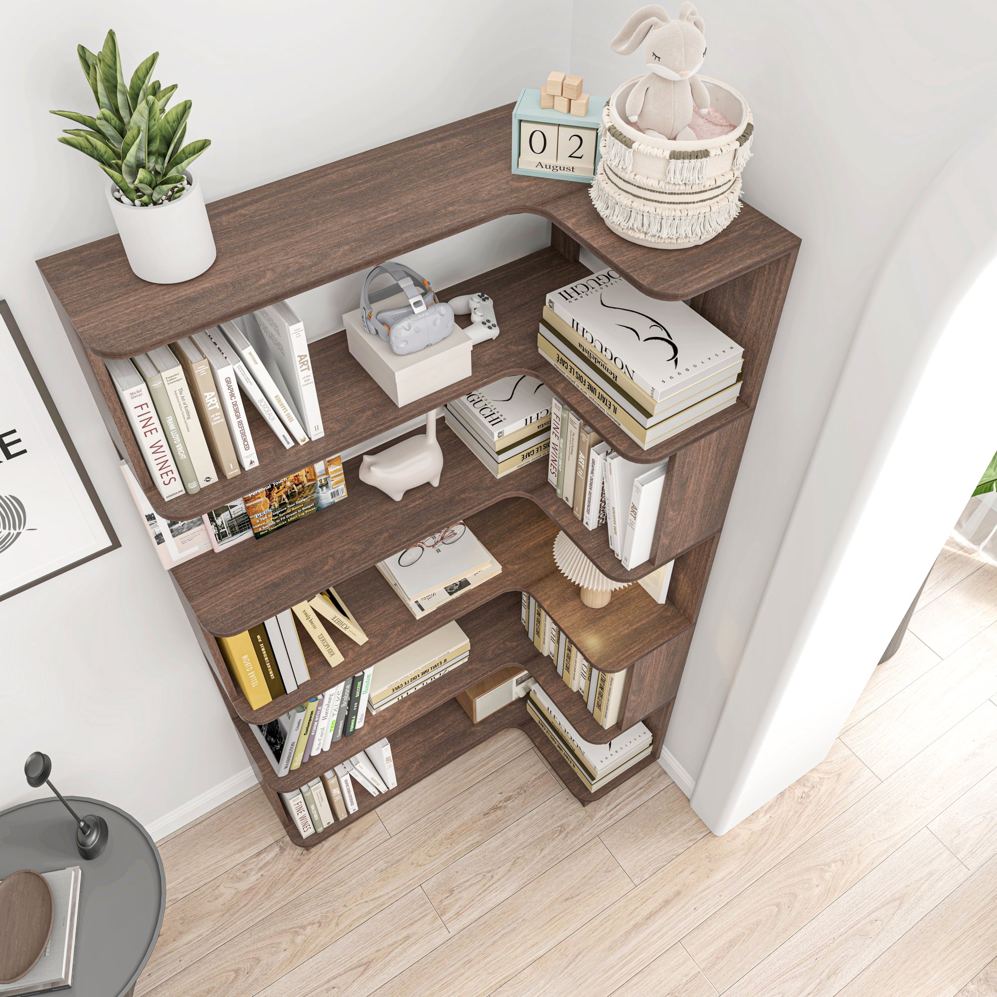 Leumius 5 Tier Freestanding Bookshelf,Wooden L-Shaped Corner Bookcase with Anti-drop Panel and Anti Tipping Device, Display shelf Open Storage,Dark Brown