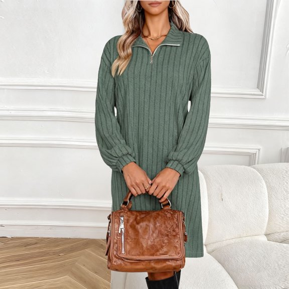 Aueoeo formal Dresses for Women Dresses for Women Women Turn-Down Collar Straight-Leg Loose Ribbed Half-Zip Solid Casual Mini Dress Sun Dresses for Women Vacation