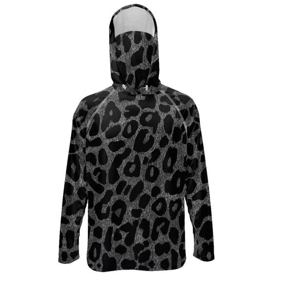 SEANATIVE Men's Fishing Hoodie UV Protection Hooded Top Long Sleeve Sun Block Top with Mesh Mask Fishing Clothes Sun Shirt Athletic Wear Outfit for Men, S, Gray Leopard Print