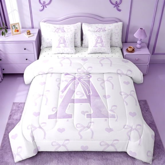 jejeloiu Monogrammed A Twin Bedding Sets 7-Piece,Cute Bowknot Bowtie Bedding Comforter Set,Light Purple White Sheet Sets,Microfiber Room Decorative Reversible