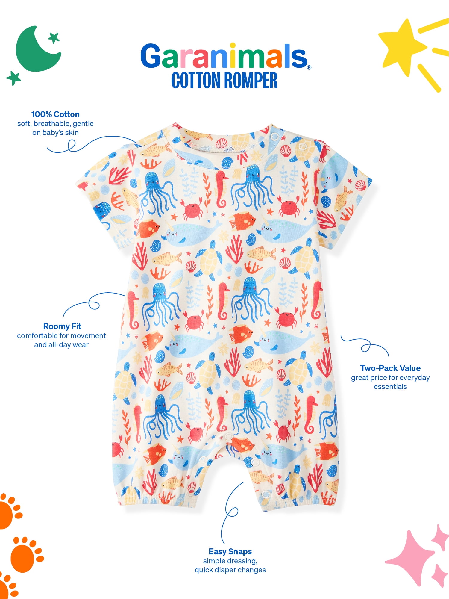 Garanimals Newborn & Baby Boy Cotton Short Sleeve Rompers, Graphic Prints, 2-Pack, Sizes 0 - 24M