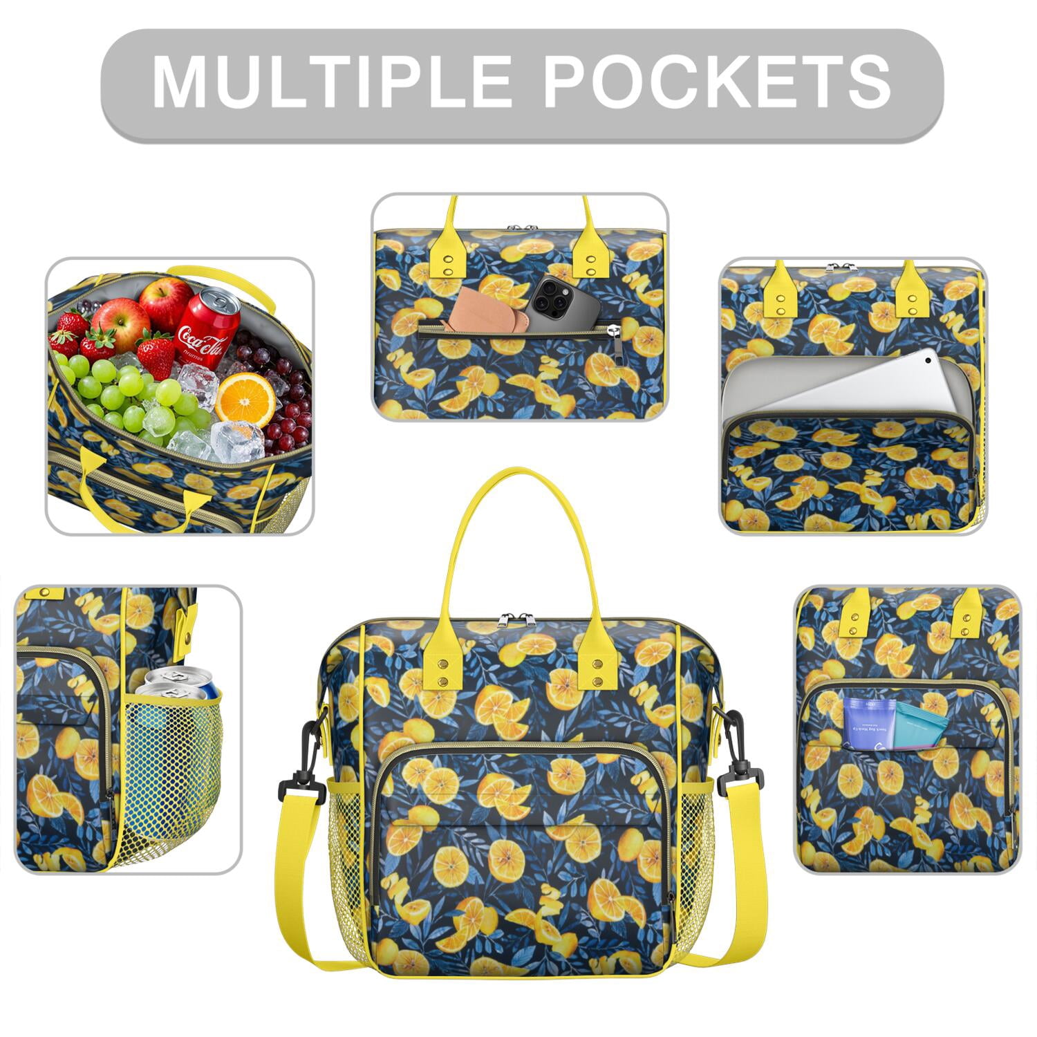 Modern Lemon & Floral Insulated Tote Bag - 100% Leakproof Thermal Lunch Box for Office Workers, Students, Fitness Enthusiasts