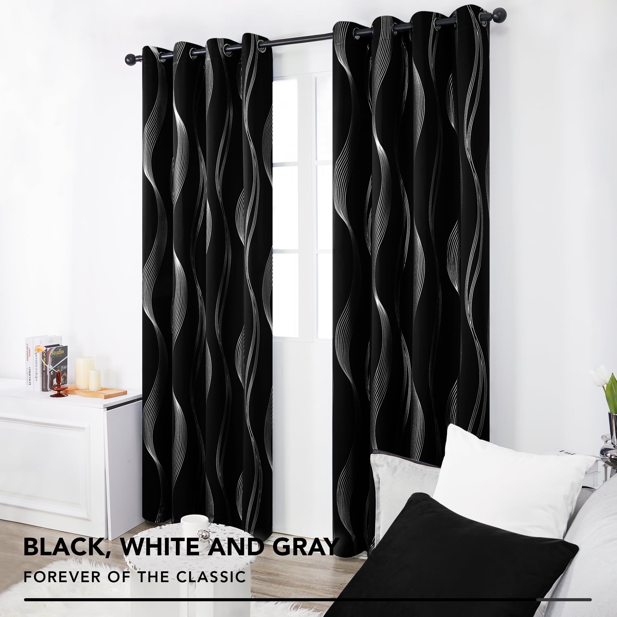 Deconovo Blackout Curtains for Bedroom, 84 inch Curtains, Grommet Thermal Insulated Curtains with Silver Wave Lines (52 x 84 inch, Black, 2 Panels)