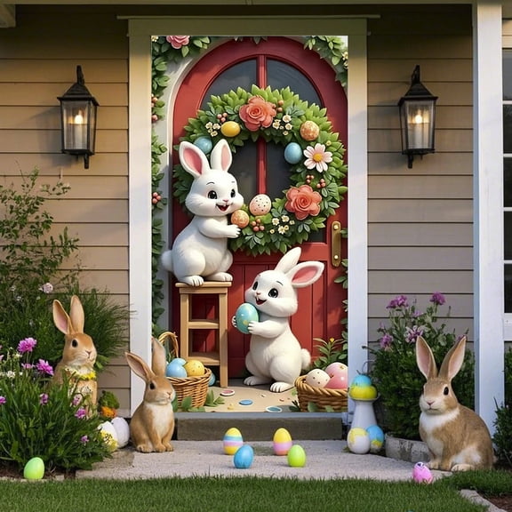 AZXY 35x71 Inch Easter Bunny Door Cover, Two Bunnies with Eggs by Red Door Wreath Door Banner, Spring Festive Porch Wall Hanging Decor for Easter Party