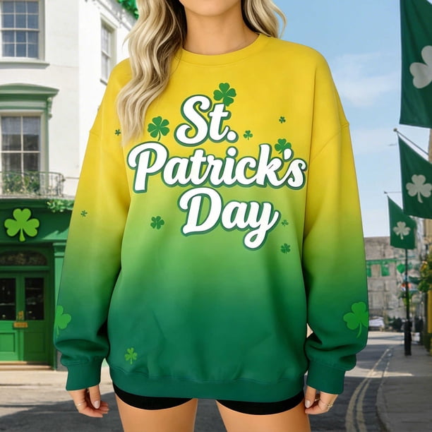 TaTaai Women St. Patricks Day Shamrock Pattern Long Sleeve Crew Neck Sweatshirt Casual Loose Fit Soft Stretchy Comfortable Festive Pullover Tops For Spring Winter Gift