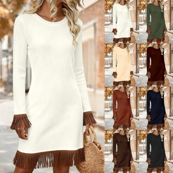 Jinhomg Womens Long Sleeve Sweater Dresses Trendy Casual Mini Dress with Tassel Hem Ribbed Knit Fringe Short Dresses Western Cowboy Y2K Outfits