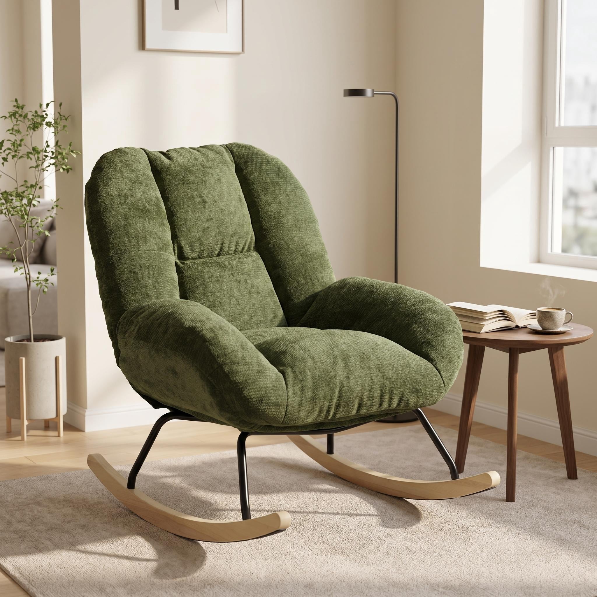 Homy Casa Green Upholstered Rocking Accent Chair, Oversized Lounge Chair with Wood Base