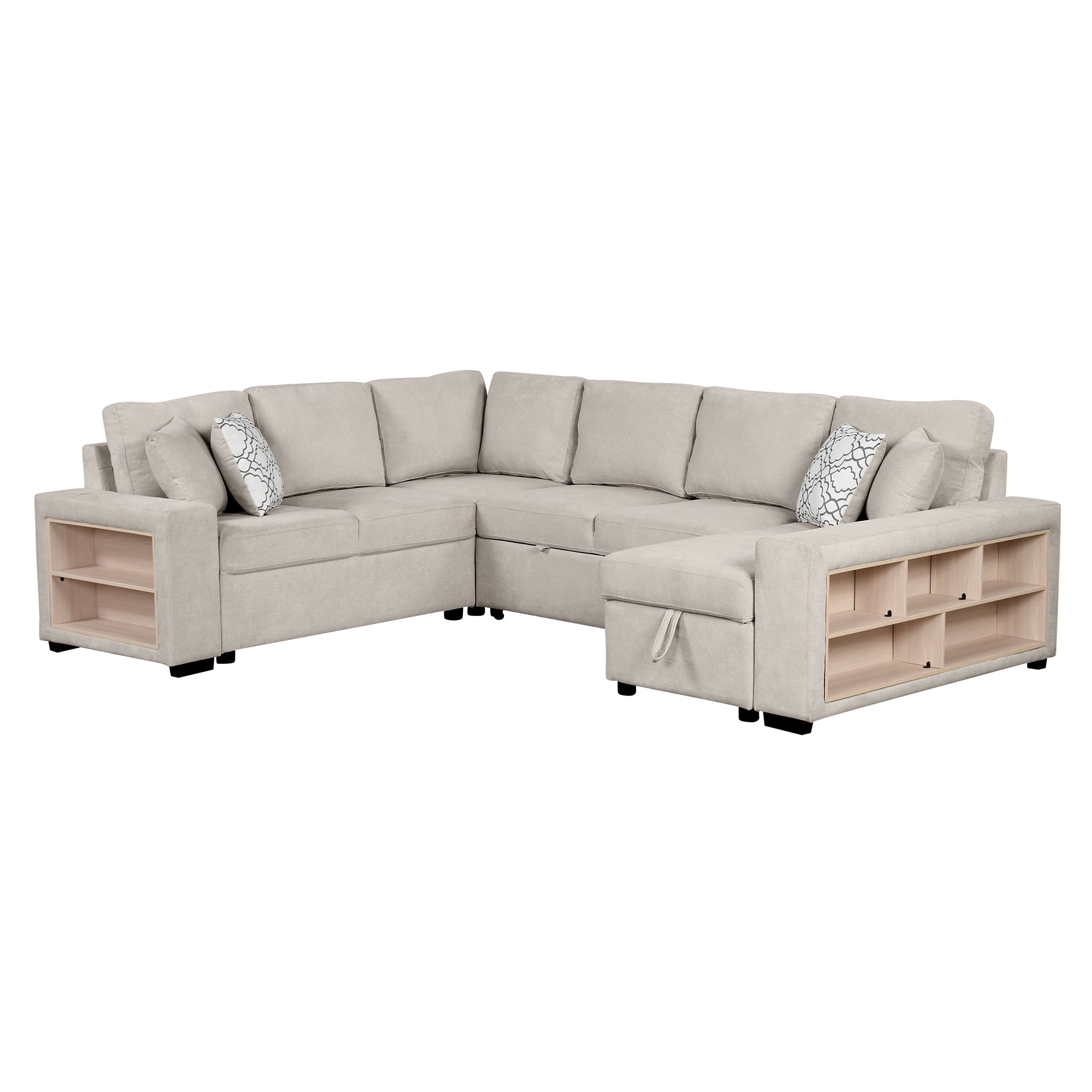 EUROCO 109" U-shaped Sectional Sofa Couch, Chenille Pull-out Sofa Bed with 2 USB Ports, a Storage Chaise Lounge, 4 Back Pillows and Wide Armrest with Storage Shelf for Living Room, Beige