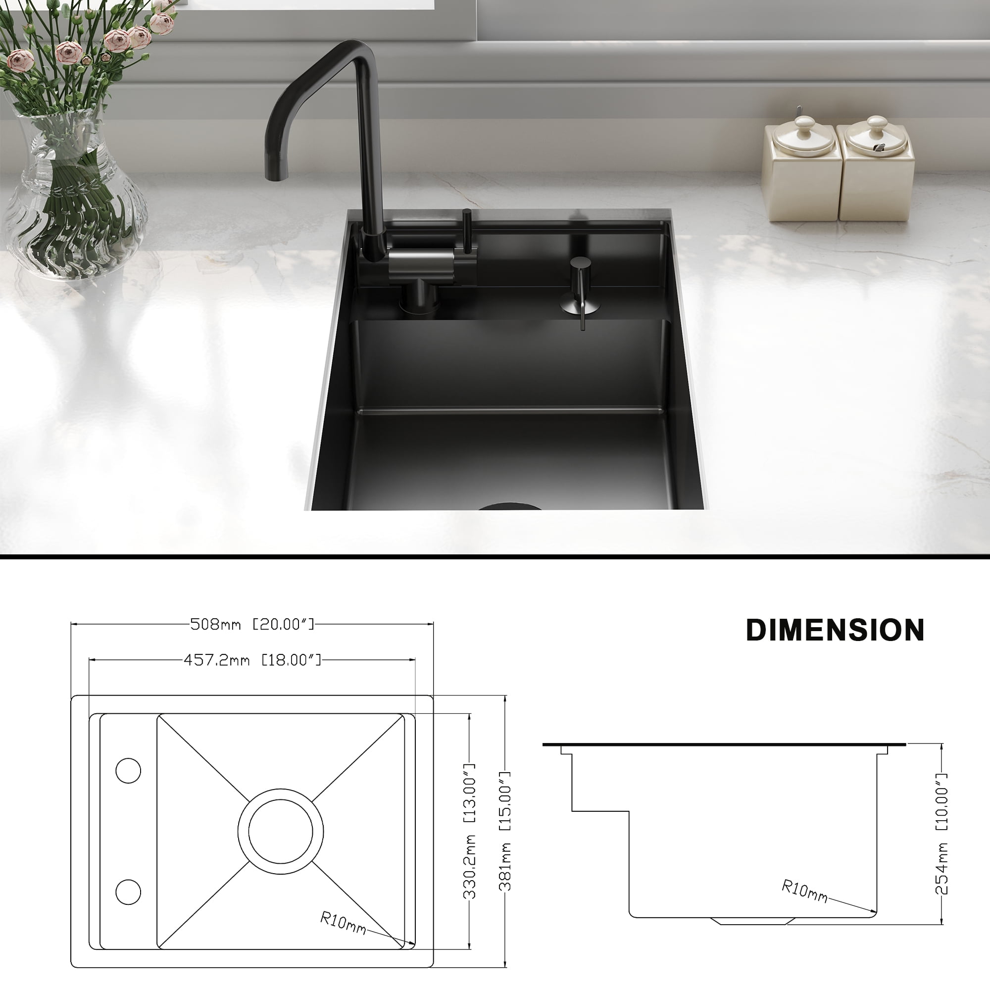 15x20 Inch Black Hidden Concealed Kitchen Bar Sink with Folding Faucet, RV Pre Bar Small Sink 16 Gauge Stainless Steel Undermount Sink with Accessories