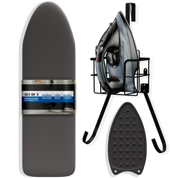 Virtu 3-Piece Ironing Set, Silicone-Coated Ironing Board Cover and Pad, T&V Shaped Wall/Over-the-Door Iron and Board Holder, Heat-Resistant Iron Rest Pad