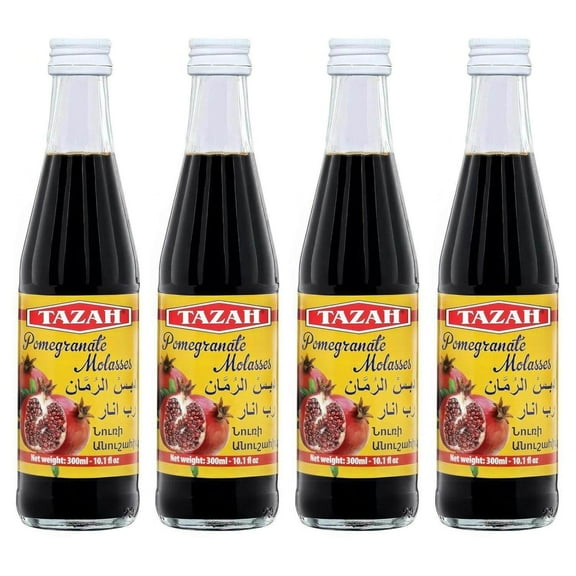 【4 PACK】Tazah Pomegranate Molasses 10 fl oz Bottles – Thick, Tangy Syrup for Cooking, Marinades & Dressings