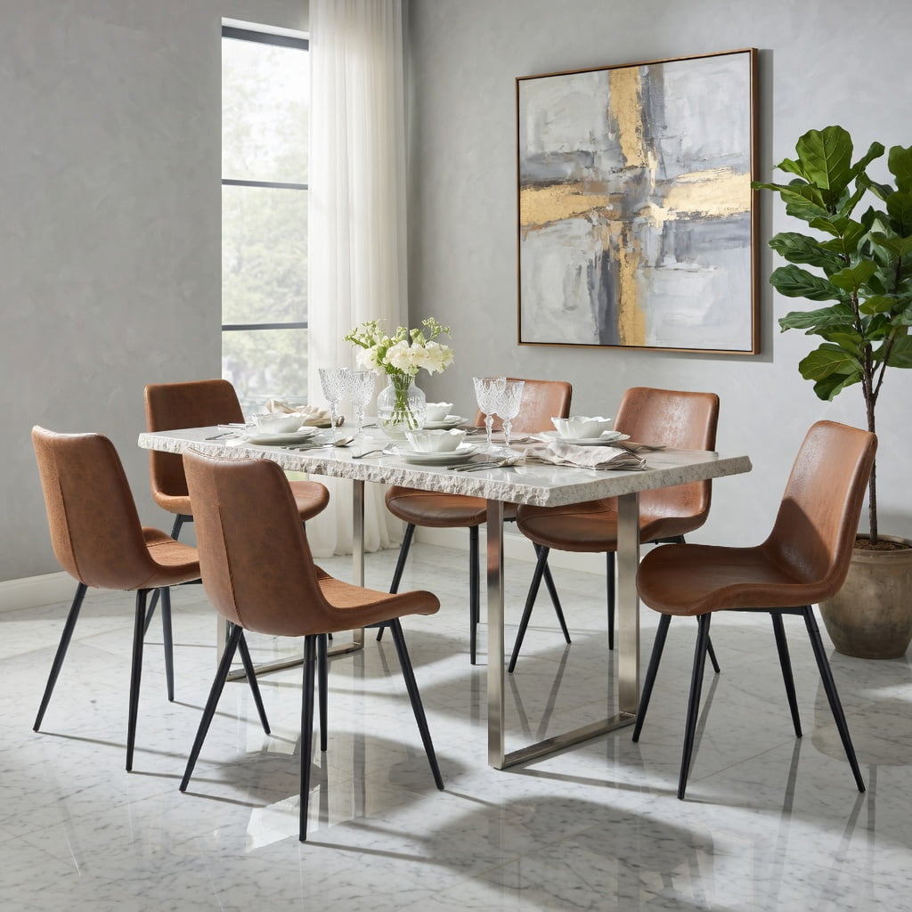 Hommoo 6-Pack Suede Dining Chairs with Black Metal Legs, Curved Wide Seat Cushion, Non-Slip Floor Protection, Easy 10-Min Assembly, Modern Restaurant, Kitchen & Home Office Seating, Brown