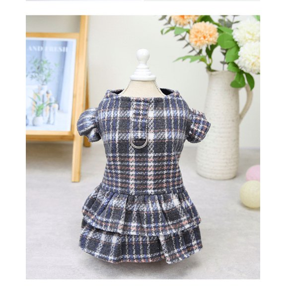 New Autumn And Winter English Wind Traction Cotton Skirt Jacquard Knitted Fabric Pet Clothes Polar Fleece Cloth Dog Clothing Gray