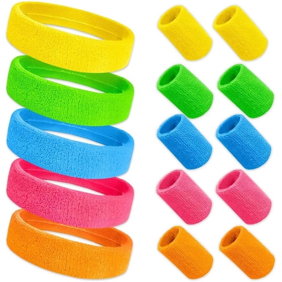 15Pcs Sports Headband And Wristbands Set, 80s Neon Sweat Bands, Cotton Head Band Wrist Bands Set, Absorbent Sweatbands For Men & Women Gym Football Soccer Tennis Basketball