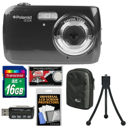 Polaroid iS126 16.1MP Digital Camera (Black) with 16GB Card + Case + Flex Tripod +