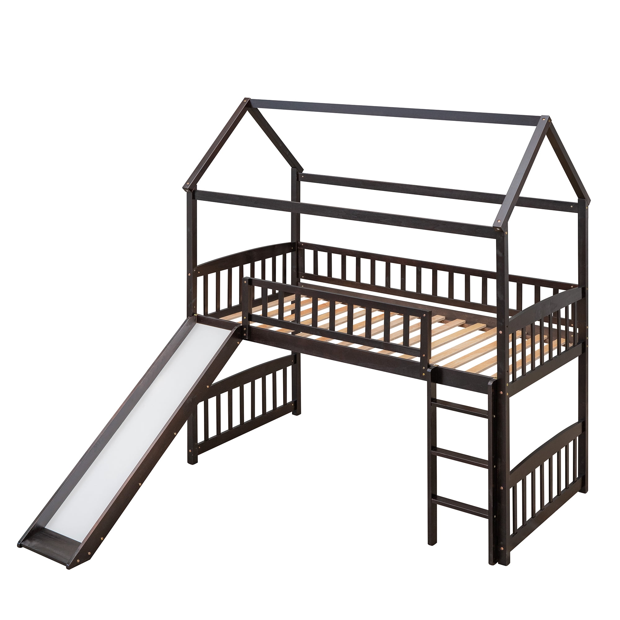 Aukfa Twin Loft Bed with Slide, House Bed with Headboard for Kids Teens Adults - Espresso