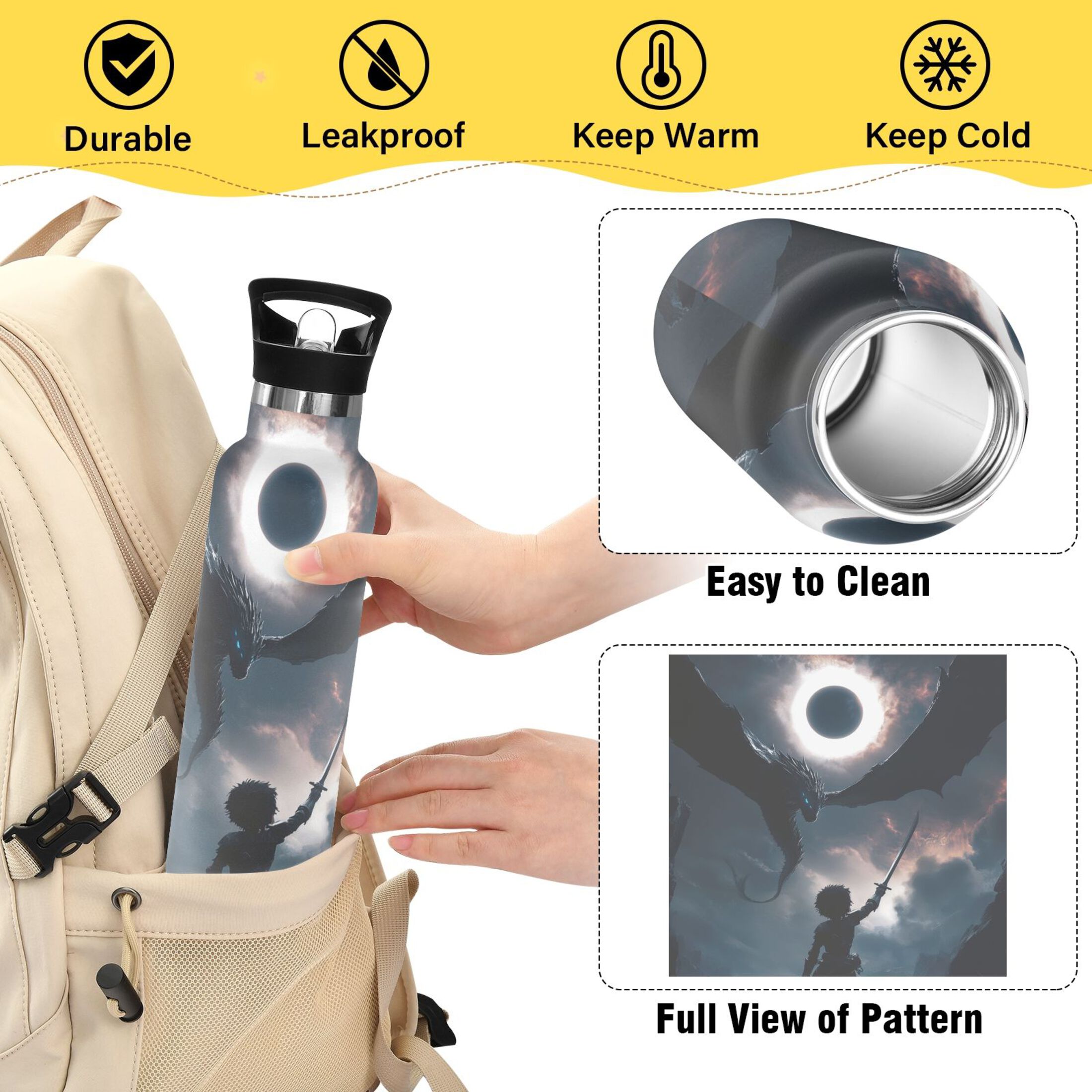 600ML Stainless Steel Insulated Cup Sports Water Bottle Portable Thermos Cup Water Glasses Insulated Tumblers Convenient and Durable Young Boy and Dragon