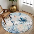 thumbnail image 2 of 6ft Round Rug, Blue Coastal Non-Skid Rubber Backing Large Area Rugs - Living Room Bedroom Home Office, Sea Turtle Octopus Coral Beach Nautical Indoor Floor Mat Carpets Washable Rug, 2 of 9
