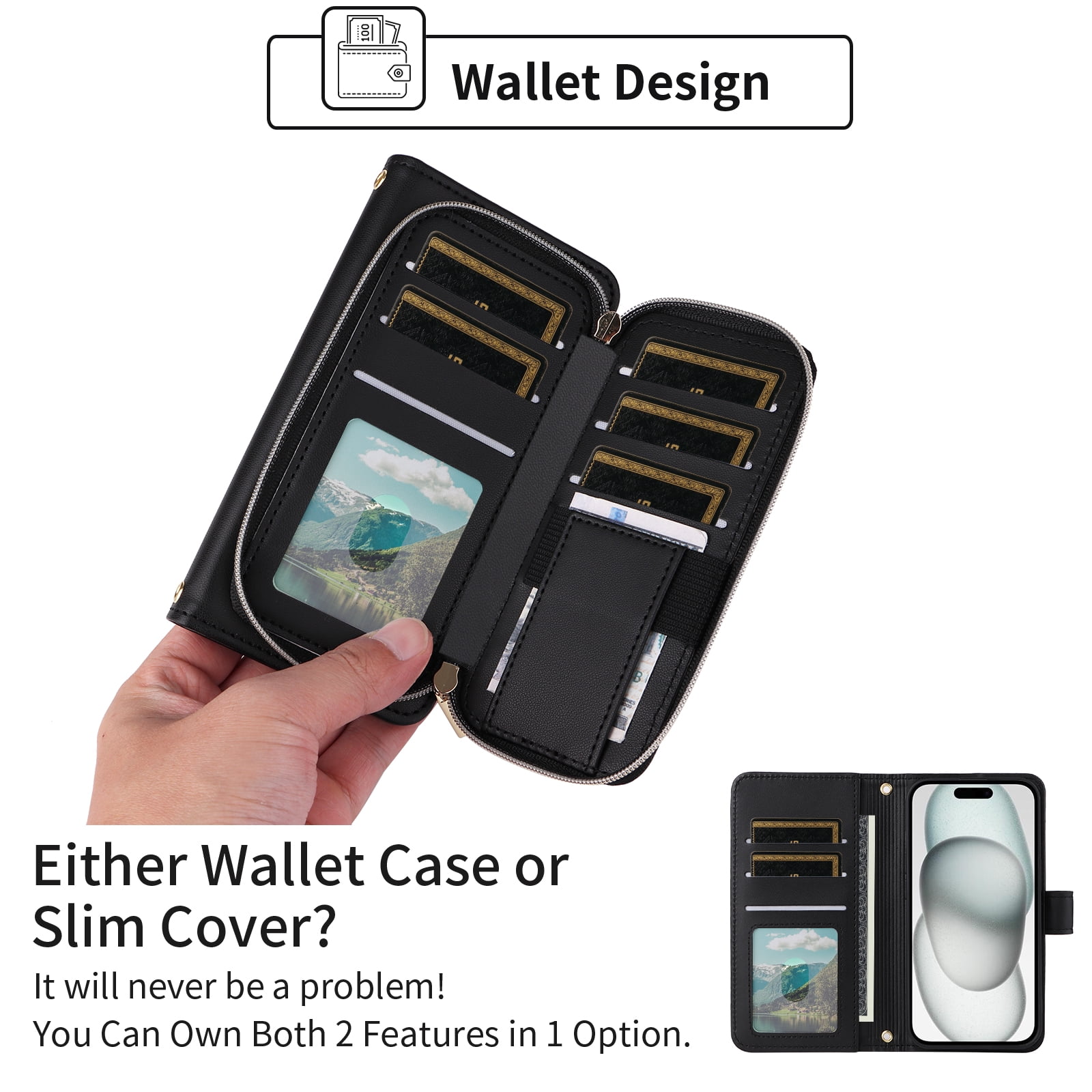 Furiet Argyle Wallet Case for iPhone 13 Mini 5.4 inch with Wrist Strap Shoulder Strap Card Slots Zipper Purse Stand Cell Phone Cover for iPhone13mini i-Phone 13minicase i iPhone13 13mini Black