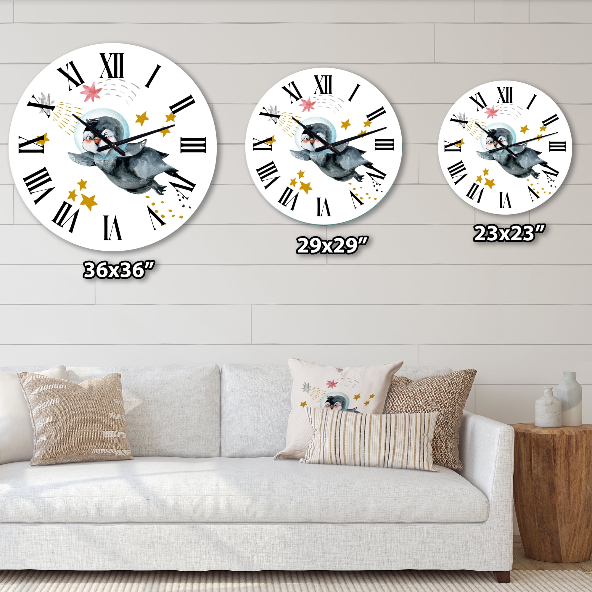 Designart 'Little Penguin Flying Stars And Planets I' Farmhouse Wall Clock