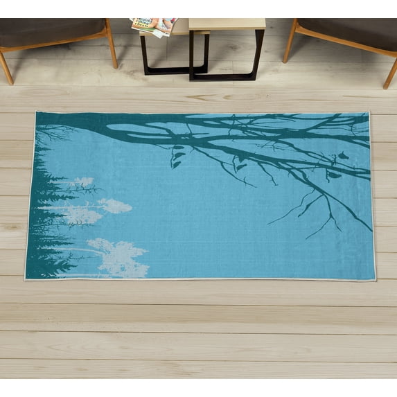 Forest Decorative Rug, Nature Theme the Panorama of a Forest Pattern Birds on Tree Branches Print, Quality Carpet for Bedroom Dorm and Living Room, 6 Sizes, Deep Sky, by Ambesonne