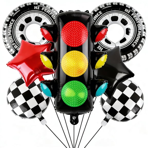 9Pcs/Set Traffic Light & Race Car Balloon Set - 31.7in Traffic Light, 30in Tire, 18in Checkered & Star Foil Balloons for Racing Theme Birthday Party Decorations