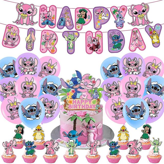 Decoración de fiesta de cumpleaños de Lilo y Stitch de Disney para niños, regalos y suministros para fiestas temáticas de dibujos animados, accesorios de diseño del lugar, incluye globos, pancarta, pa