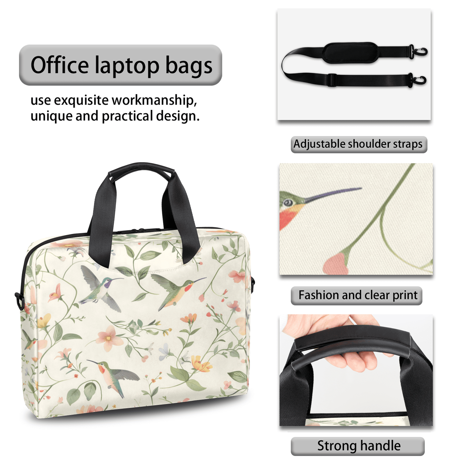 Herdesigns Flower Hummingbird Laptop Bag for Women Men, Computer Case Briefcase Messenger Bags, 15-15.6 inch Laptop Sleeve Shoulder Bag