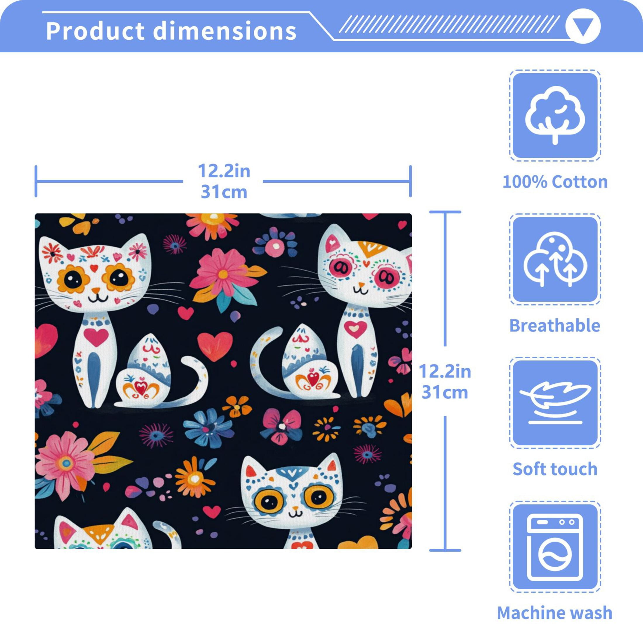 Playful Colorful Cat Pattern 100% Cotton Face Towel 12x12in Soft Absorbent Washcloth Durable Printed Hand Towels for Bathroom Travel 6 Pcs