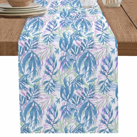 nqOlkjepod Blue Leaf Table Runner 60 Inches Long Farmhouse Dress Scarves, Ocean Seagrass Coastal Leaf Watercolor Dining Tablerunner for Coffee Table/Kitchen Island/Party Décor, 13" x 60"