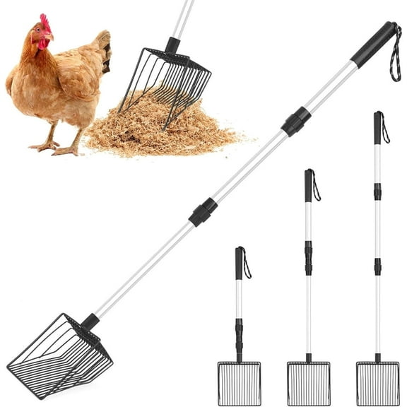 Chicken Poop Scooper, NOGIS 3 in 1 Adjustable Sifting Shovel for Chicken Coop(22.4"to 41.9") Detachable Stainless Steel Chicken Coop Cleaning Tools to Separate Poo and Debris from Sand