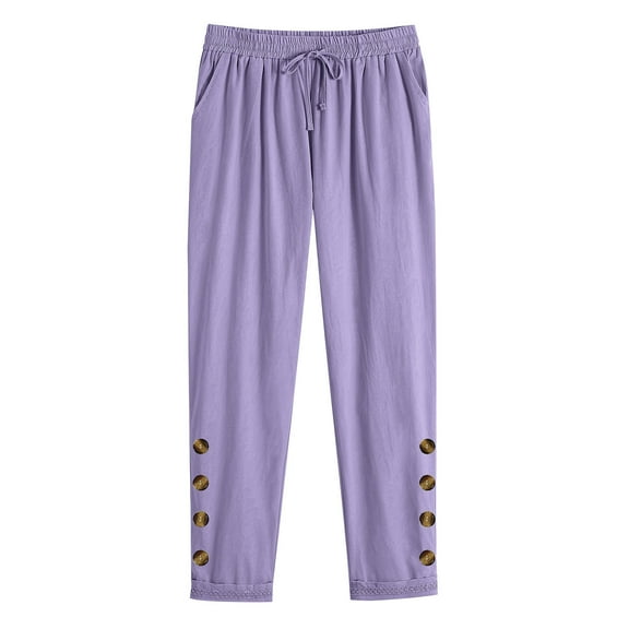 XuJwPNcy Cotton Linen Pants Women Trendy Straight Leg Drawstring Waist Trouser Side Buttonn Pant with Pockets