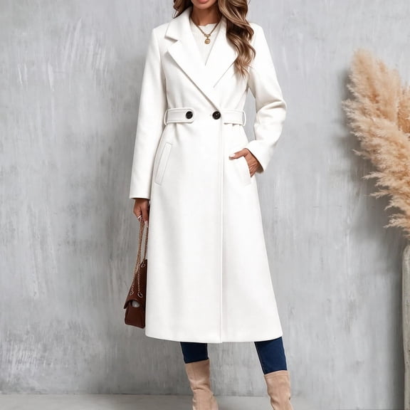 Trikvn Long Wool Blend Pea Coat for Women Notched Lapel Belted Waist Double Breasted Long Sleeve Elegant Overcoat with Pockets Winter Dressy S-3XL