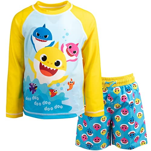 Pinkfong Baby Shark Daddy Mommy Toddler Boys Swim Rash Guard Swim Trunks Blue 2T