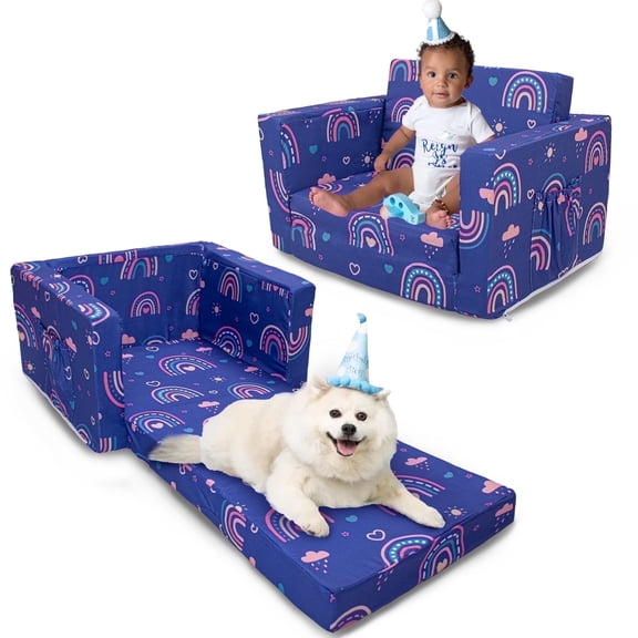 Beavtaens Toddler Sofa, 2-in-1 Flip Open Toddler Couch, with Side Pocket, for Ages 18 Months (Rainbows)