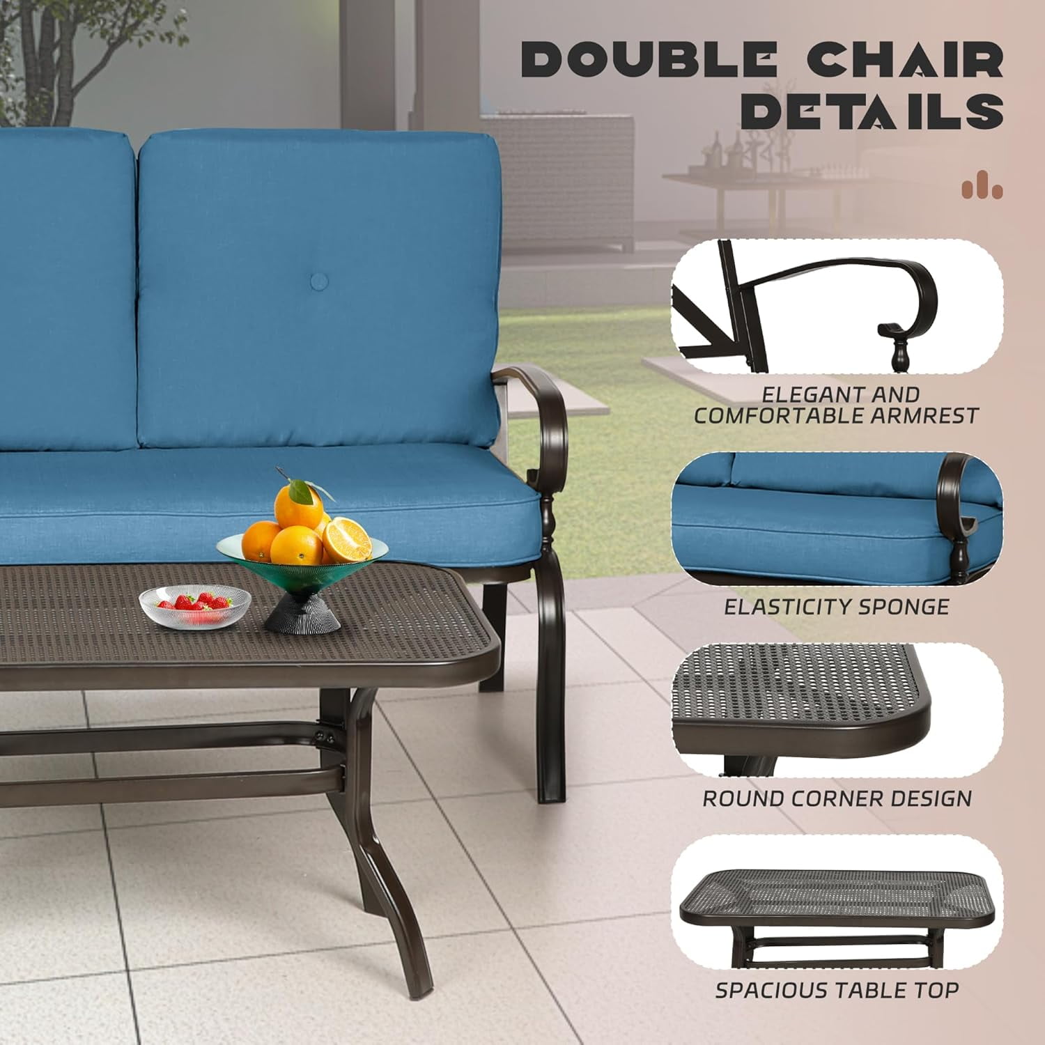 SOLAURA 4-Piece Outdoor Furniture Patio Metal Conversation Set with Peacock Blue Cushions