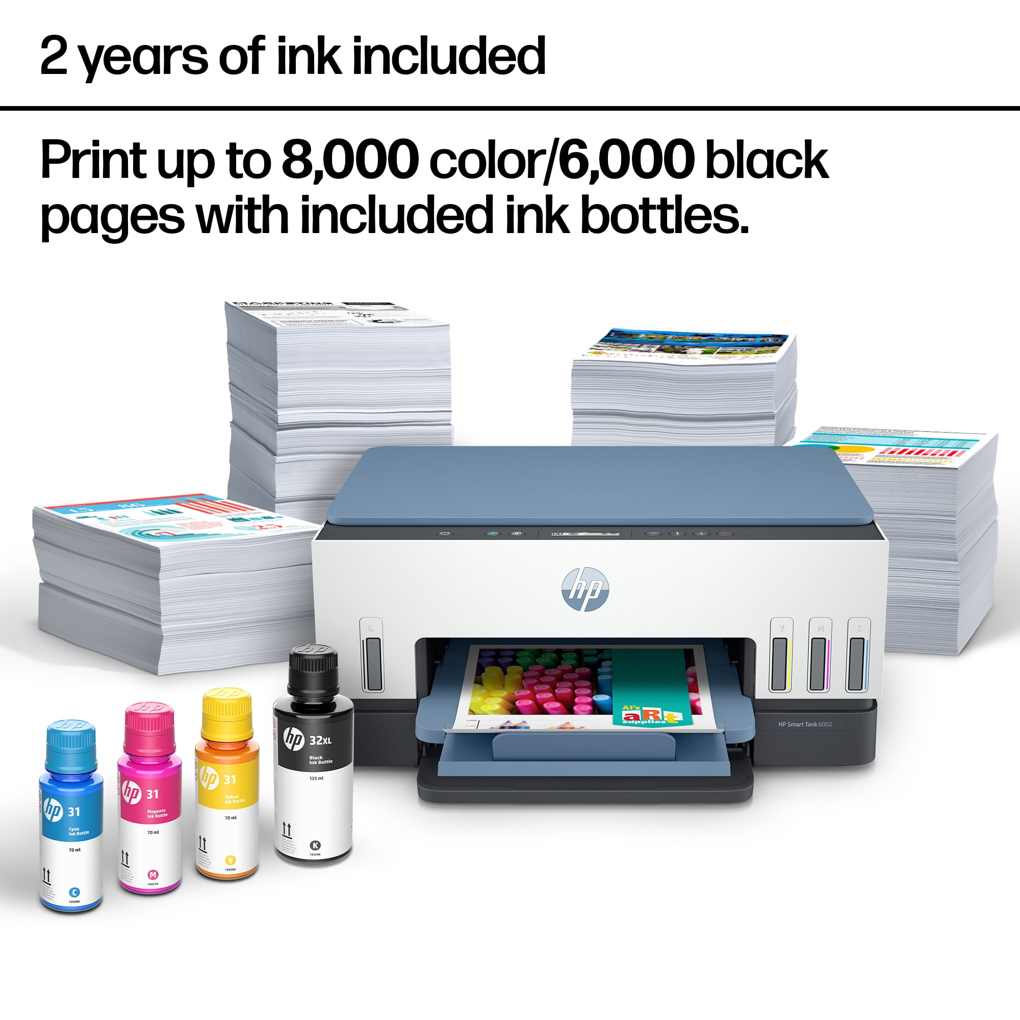 HP Smart Tank 6002 Wireless All-in-One Cartridge-Free Ink Tank Printer, 2 Yrs Ink Incl, Surf Blue
