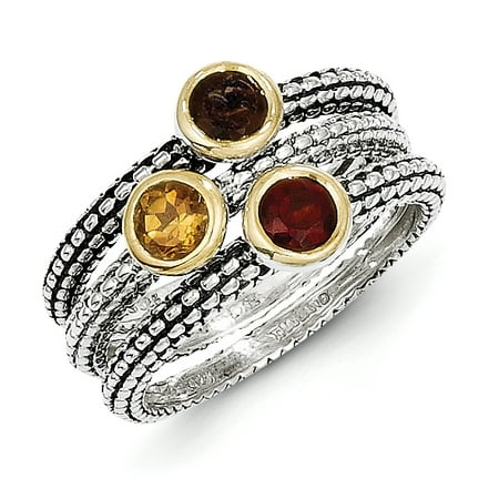 - Sterling Silver 2 MM Shey Couture 925 and Gold-tone Accents Garnet/Citrine/Smoky Quartz 3 Stackable Ring, Size 6s