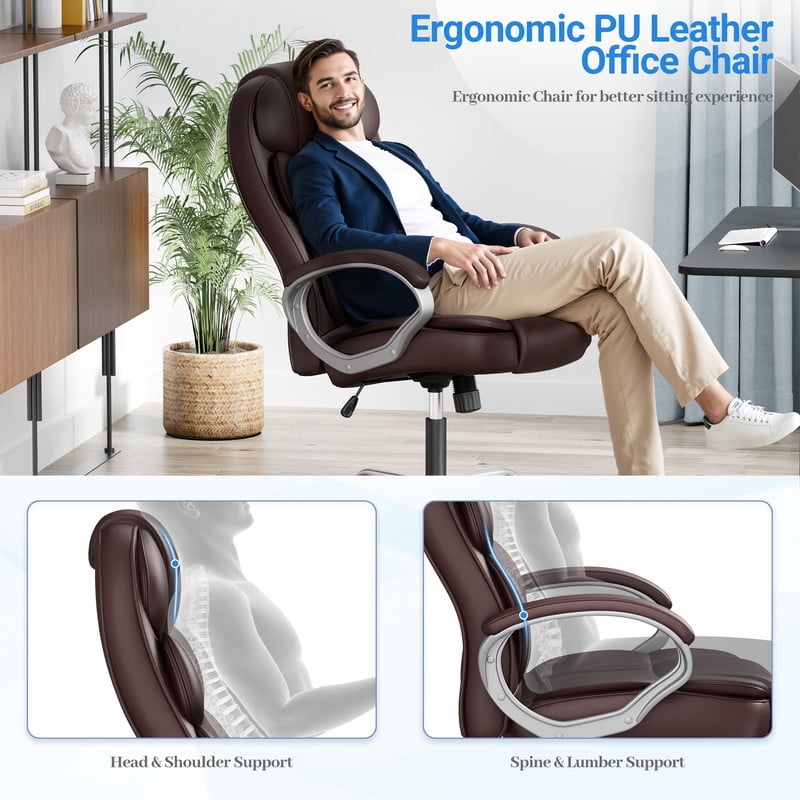 Homall High Back Office Chair, Executive Leather Desk Chair with Padded Armrests Swivel Task Chair with Lumbar Support,Brown