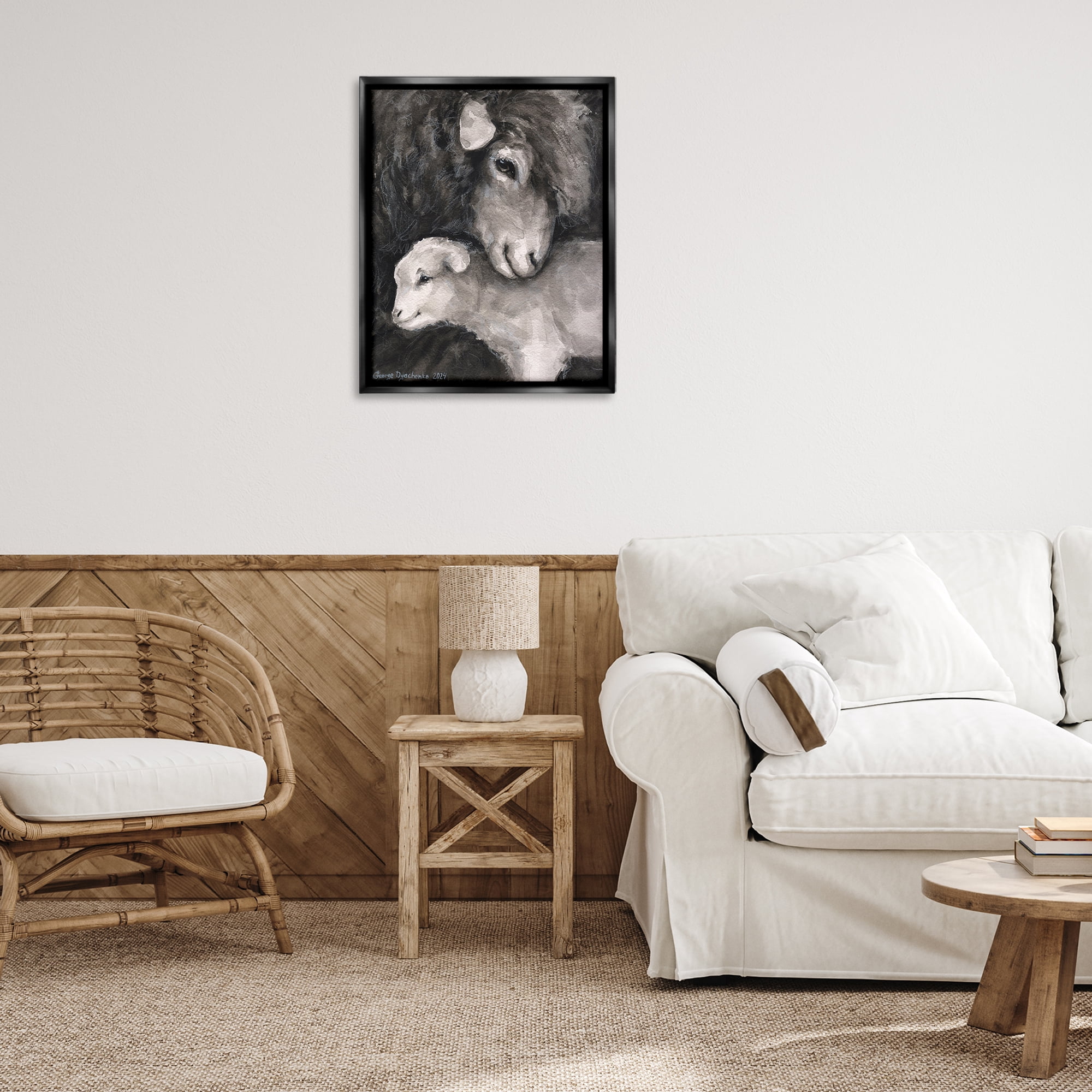 Stupell Industries Cuddling Sheep & Lamb Animals Painting Black Floater Framed Canvas Art Print Wall Art, 25 x 31