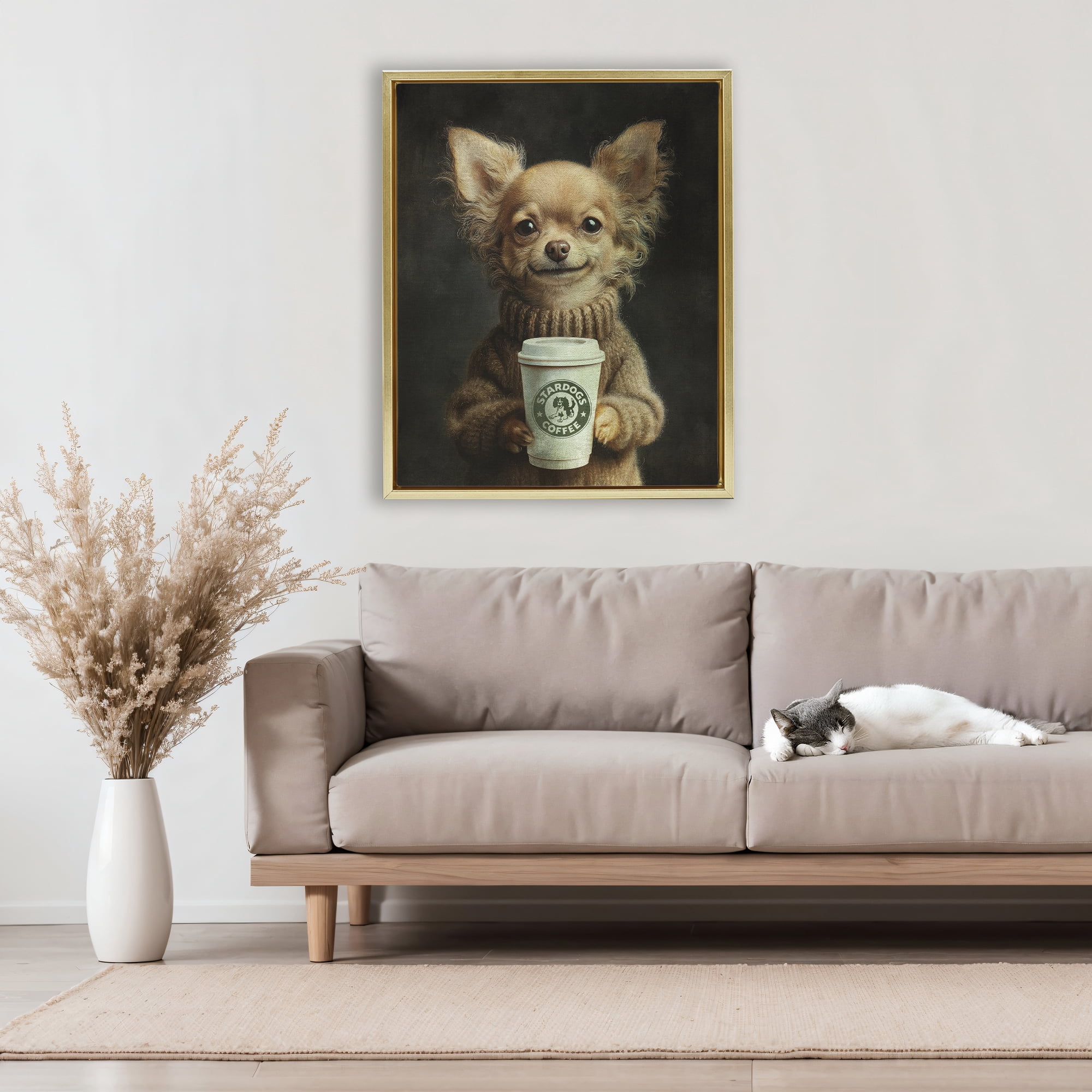 Stupell Industries Espresso Pup in Cozy Sweater Gold Framed Floater Canvas Wall Art, design by Svetlana Aleynikova