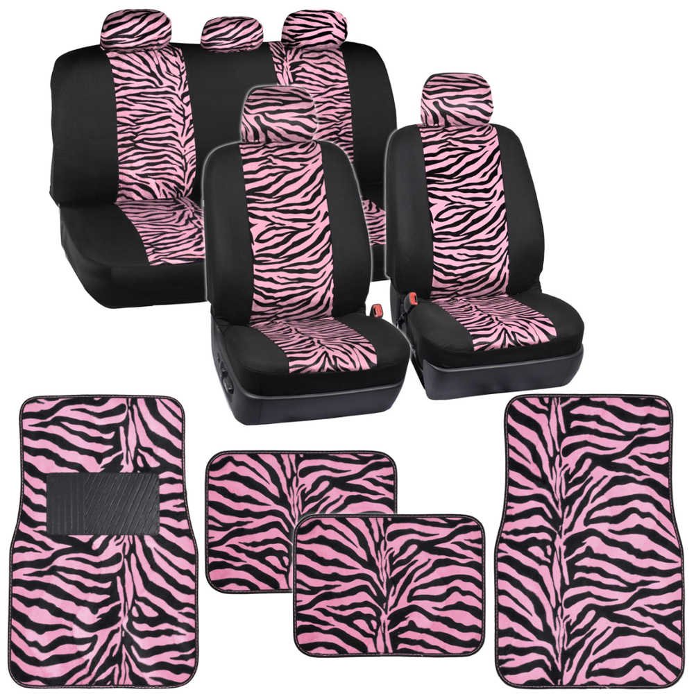 BDK Zebra Car Seat Covers with Floor Mats, Animal Prints 2Tone Split