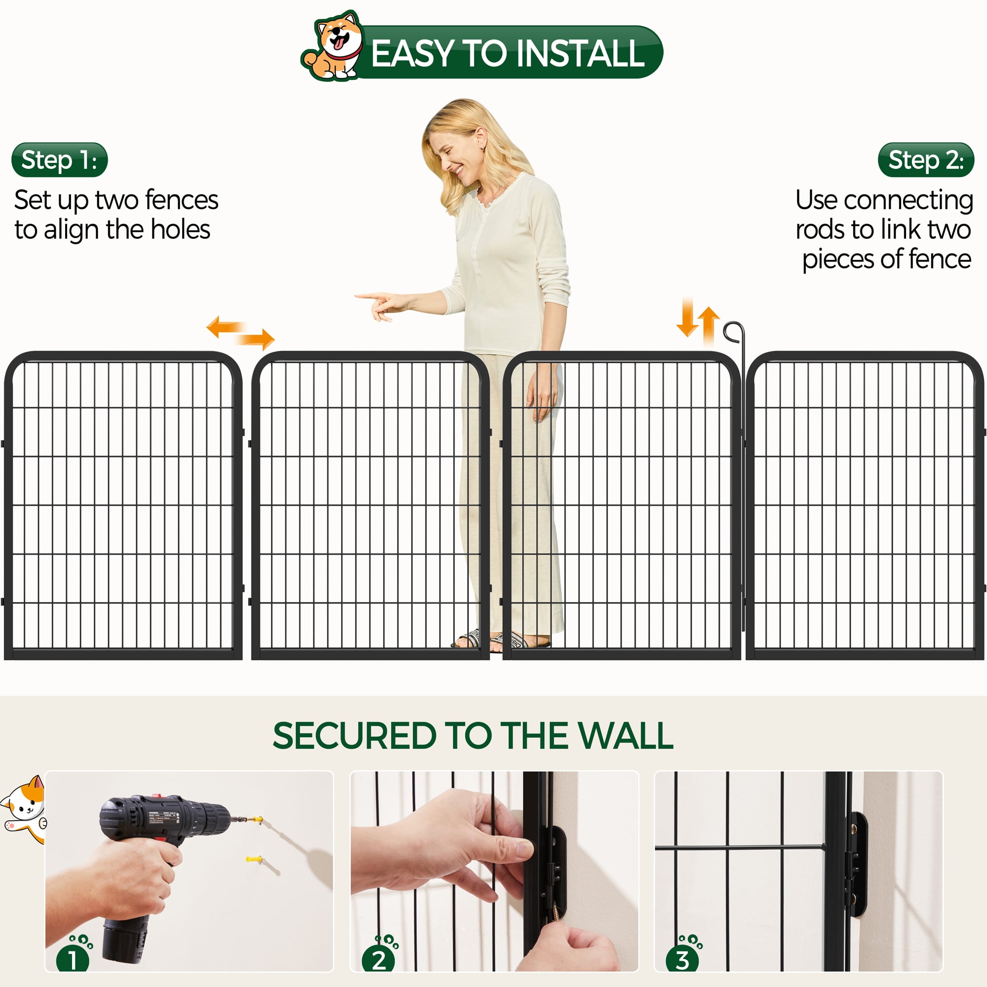 Alden Design 31.5″ Tall 4 Panels Portable Dog Playpen Dog Gate, Black