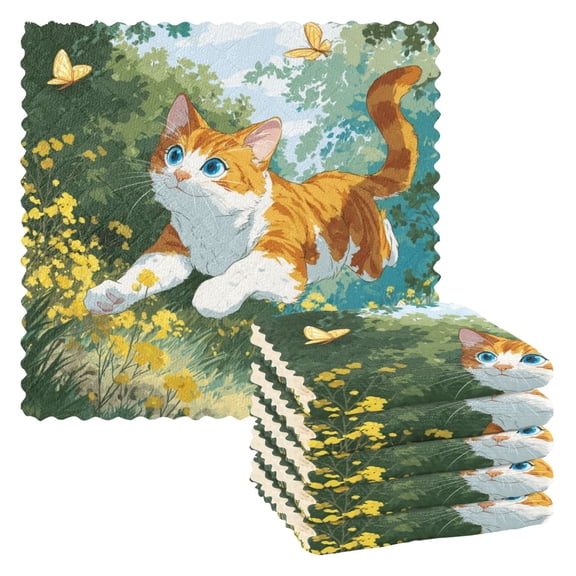 6 Pieces of Kitchen Towels 11x11Inch Kitchen Dish Cloths Kitchen Dish Towels Reuseable Cleaning Cloths Cute Little Cat
