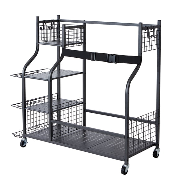 KFFKFF Sports Equipment Garage Storage, Dual Golf Bag Positioning and Miscellaneous Athletic Gear Organizer, Mobile Sphere Trolley, Exterior Activity Equipment and Plaything Storage, Metallic, Ebony