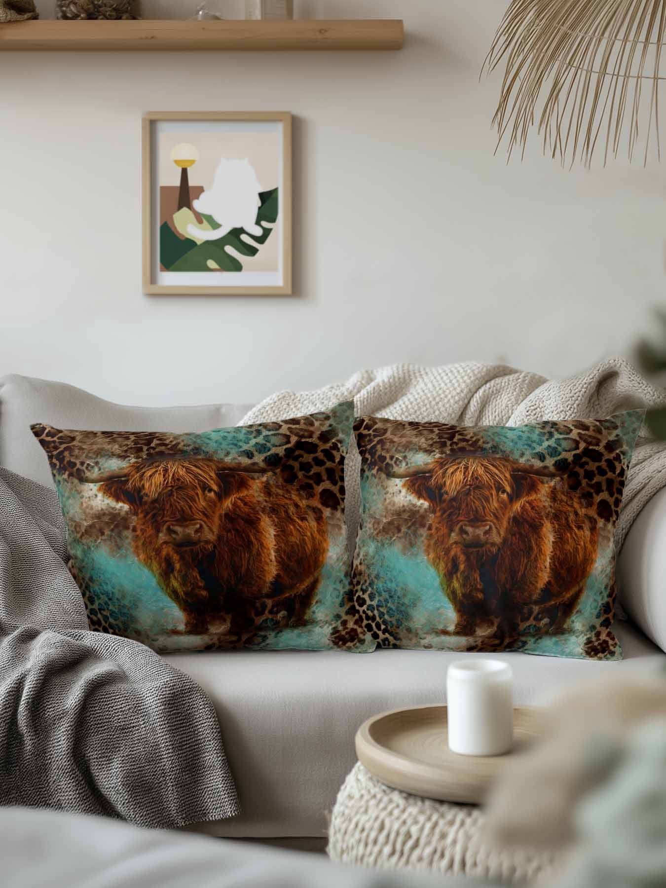 1 Pack Outdoor Throw Pillow, Teal Cow Leopard Waterproof Pillow with Insert Included, Aesthetic Vintage Animals Farmhouse Decorative Accent Cushion Sofa Pillows for Patio Porch, 16 x 16 In