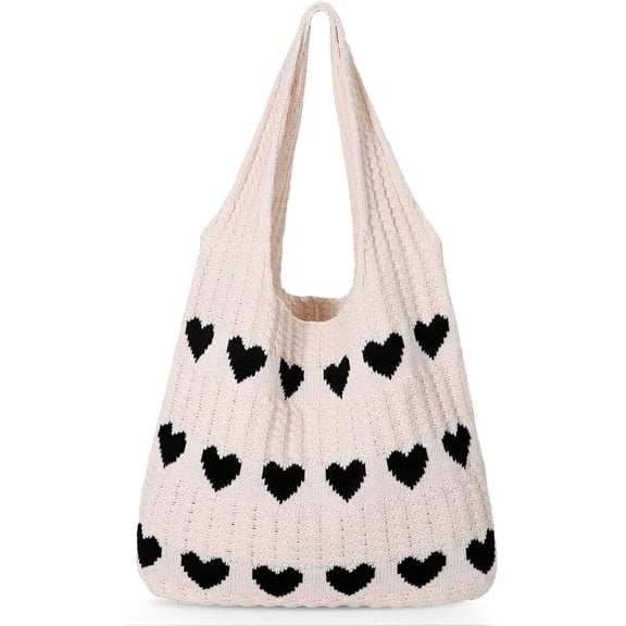 SUOSDEY Summer Beach Tote Bag for Women with Heart Knit,Hollow Crochet Shoulder Bag Aesthetic Boho Hobo Bag