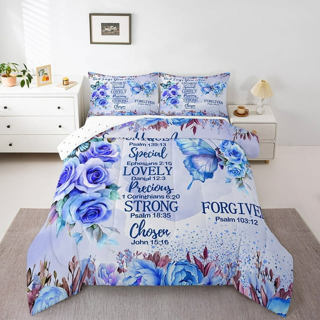 Erosebridal Blue Butterfly Bedding Full Comforter Set, Inspirational Quotes Down Comforter, Rose Floral Decor, 3pcs