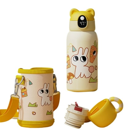 

Cartoon Print Vacuum Themos with Straw Creative Kids Stainless Steel Smart Water Bottle Portable Outdoor Travel Supply Yellow Digital Display